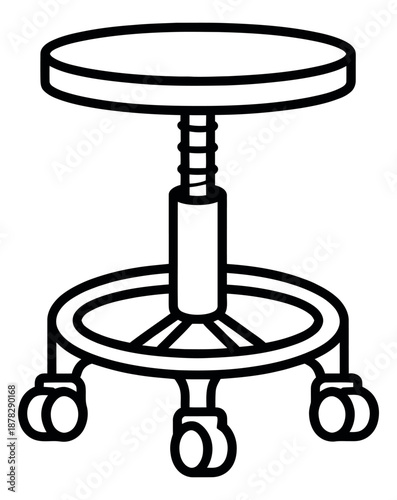 Line art illustration of a rolling stool depicting adjustable height and wheels for medical and laboratory environments