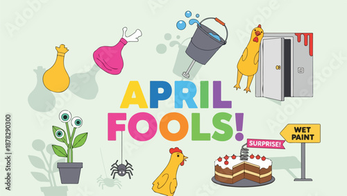 A playful cartoon graphic with April Fools' prank items