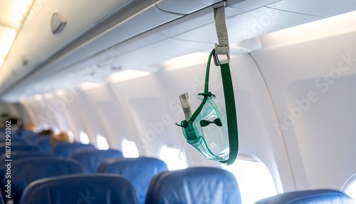 A green oxygen mask hangs from an airplane's overhead compartment