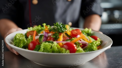 Chef s hands present a vibrant fresh salad in a large white bowl showcasing colorful ingredients © Bussakon