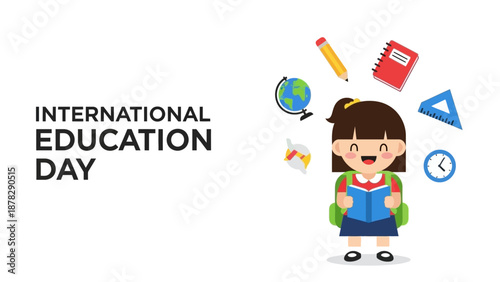 Happy International Education Day with smiling schoolgirl and learning tools