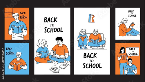 Vibrant illustrations of students returning to school with books