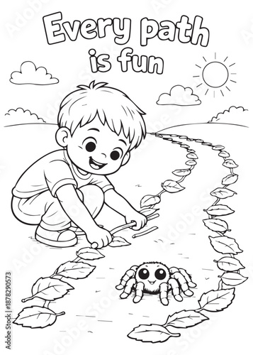 coloring book little boy arranging a leaf path for a tarantula, making every path fun outdoors