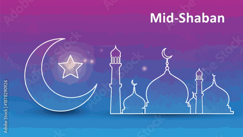 A purple and blue illustration of a mosque with a crescent moon