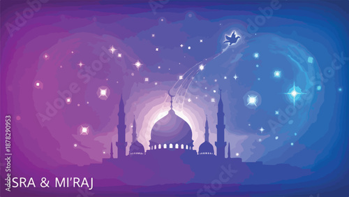 A purple and blue mosque silhouette with stars