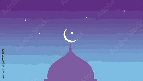 A purple mosque dome with a crescent moon and star