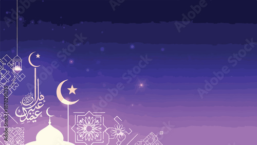 A purple night sky with white Islamic architectural designs