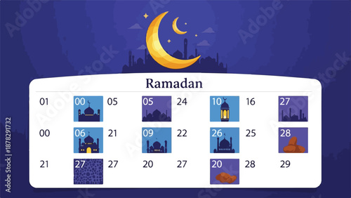 A Ramadan calendar with mosque and date icons on a blue background