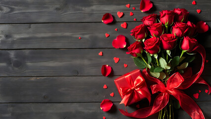 Vibrant Red Roses Bouquet with Gift Box and Heart Petals on Dark Rustic Wood Table, Romantic Valentine's Day
