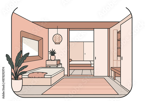 A modern minimalist interior design in pastel colors featuring a cozy daybed mirror and lush.