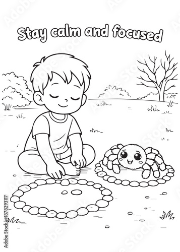 coloring book young boy calmly arranging stones in a circle around a tarantula, staying calm and focused