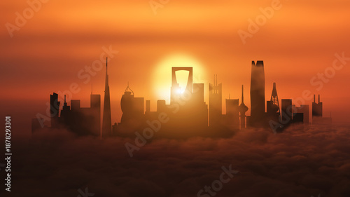 Golden Hour Cityscape Above the Clouds . Landmarks of Riyadh, Saudi Arabia emerge from the clouds as the sun sets. Technological and cultural development