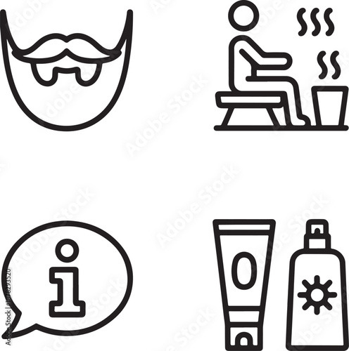 Black Line Icons of Facial Hair, Sauna, Information and Skincare Products