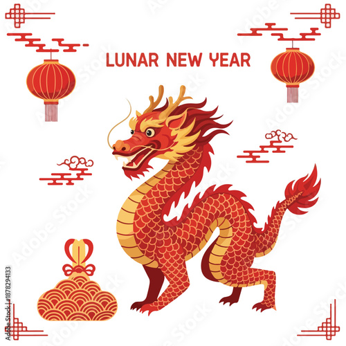 A red and gold dragon surrounded by lanterns