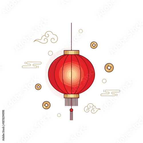 A red Chinese lantern with gold accents and decorative elements