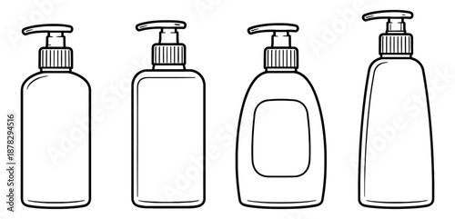 Hand drawn pump dispenser bottle set featuring various shapes for personal care and hygiene products