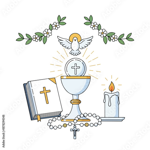 A religious illustration of a chalice, candle, and communion elements