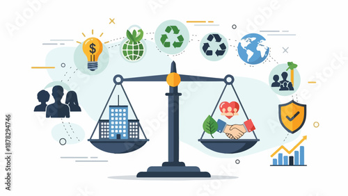 A scale balancing business and environmental icons