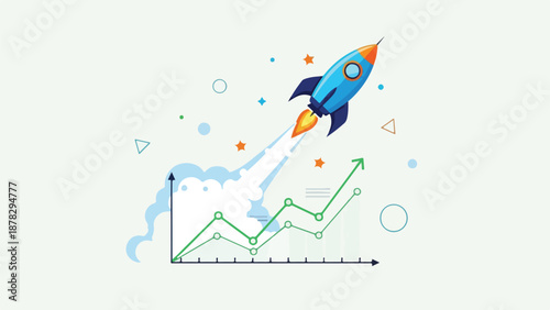 A rocket launching into the sky with a line graph