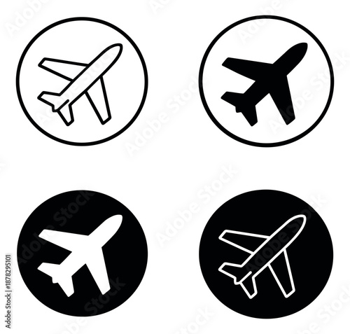 Graphic airplane icon set featuring outline and solid airplane symbols in circles for travel and aviation