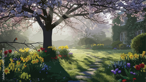 A serene garden scene with a tree and flowers
