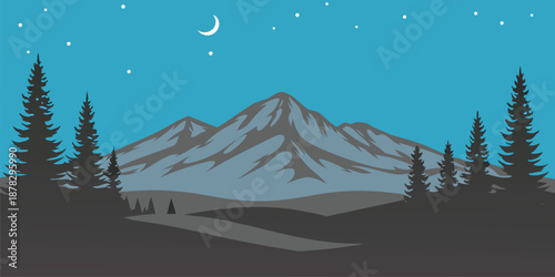 A serene and peaceful stylized illustration of a mountain landscape at night, with a crescent moon shining in the blue sky.