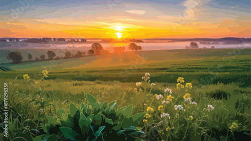 A serene landscape painting of a sunset over a field of flowers