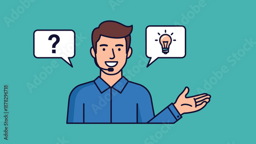 Man with Question Mark and Lightbulb Thought Bubbles.