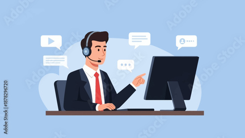 Customer Service Representative Working on Computer.