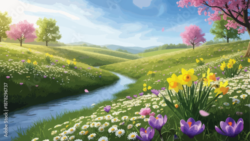 A serene landscape with a winding stream, vibrant flowers, and trees