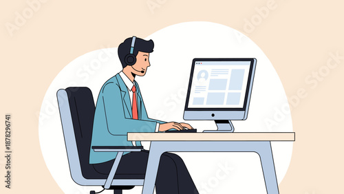 Man Working on Computer at Desk.
