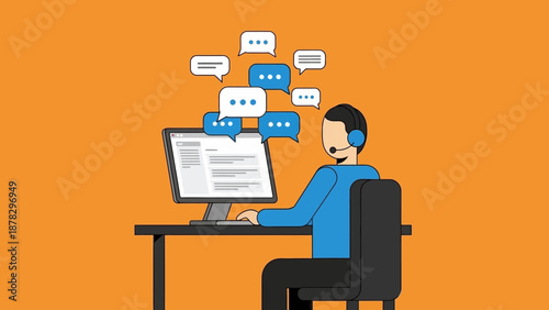 Man Wearing Headset Working on Computer.