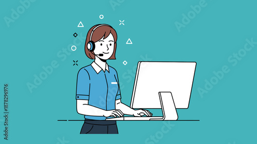 Woman Wearing Headset Working on Computer.