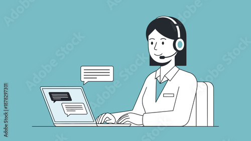 Woman Wearing Headset Working on Laptop.