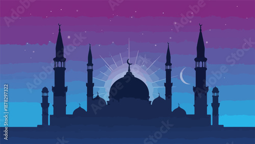 A serene mosque silhouette against a vibrant purple and blue night sky