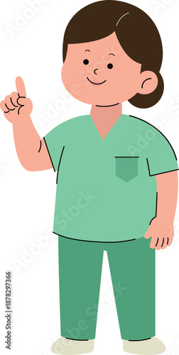 Cute nurse character pointing finger to explain medical guide. Vector illustration.