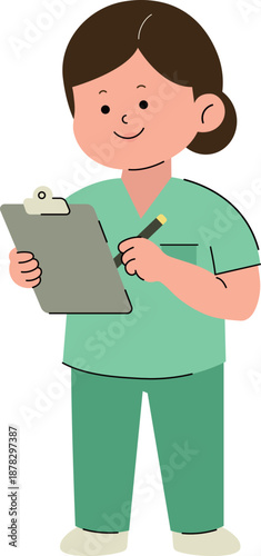 Nurse holding a medical chart and checking patient list. Healthcare concept vector illustration.