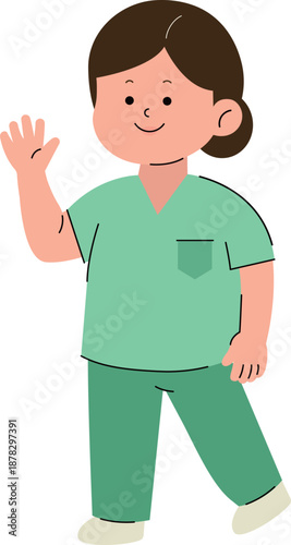 Friendly nurse character waving hand to welcome patients. Hospital greeting vector illustration.