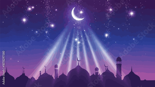A serene mosque silhouette under a starry night sky with a crescent moon