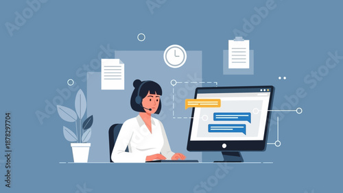 Woman Working on Computer with Documents.