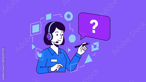 Woman with Headset and Question Mark.