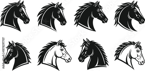 Set of Eight Stylized Horse Head Silhouettes and Stencil Illustrations for Logo Design and Equestrian Branding