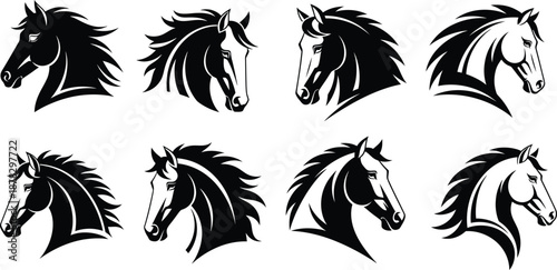 Set of Eight Stylized Horse Head Silhouettes and Stencil Illustrations for Logo Design and Equestrian Branding