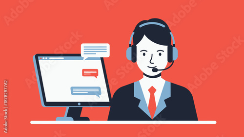 Customer Service Representative Wearing Headset at Desk.