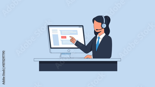 Woman Wearing Headset Working on Computer.