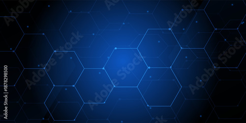 Abstract geometric blue lines on dark blue background with lighting effect. Modern technology futuristic digital patterns. Hexagon geometry structure. Vector illustration