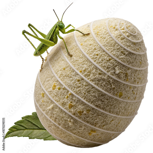 A grasshopper egg pod with a unique spongy foam texture and a green grasshopper insect, ideal for educational and research purposes.