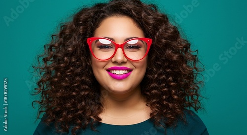 A smiling woman with curly hair and red glasses against a teal background