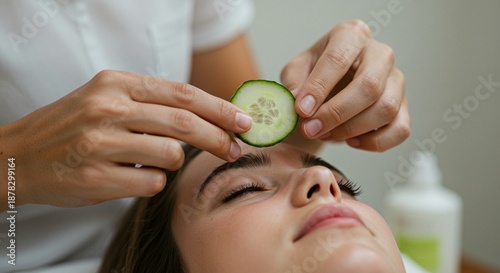 Wallpaper Mural A woman receiving a spa treatment with a cucumber slice on her forehead Torontodigital.ca