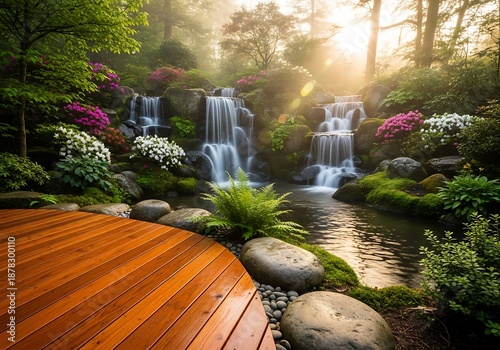Tranquil cascading waterfall nestled in a lush, sunlit forest garden